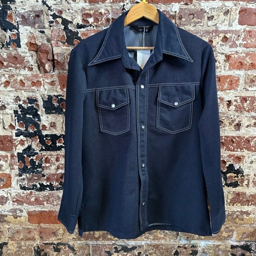 Vintage JCPenney Mens Navy Blue Contrast Stitch Western Snap Button Shirt Medium